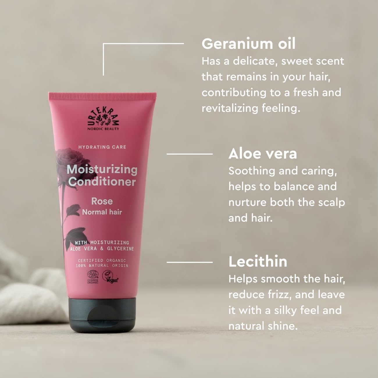 Urtekram Moisturising Rose Conditioner tube, rose scent, no flavour, 180ml, hair care use