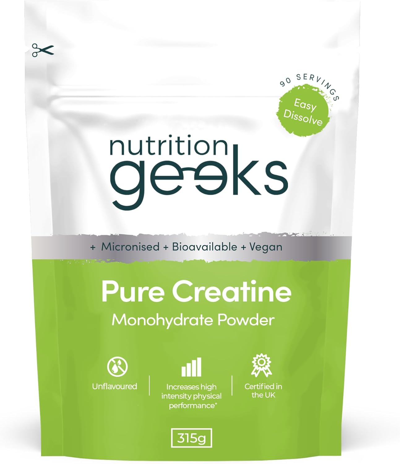 Nutrition Geeks Pure Creatine Monohydrate Powder, supplement pouch packaging, Unflavoured, 315g