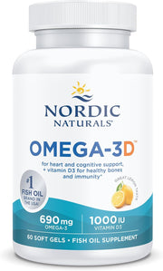 Nordic Naturals Omega-3D with Vitamin D3 bottle, lemon soft gels, 60 count.