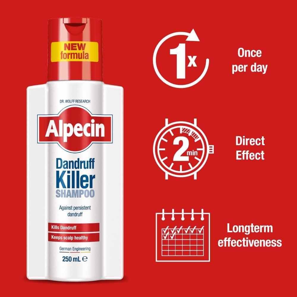 Alpecin Dandruff Killer Shampoo, bottle packaging, no flavour, 250ml, application and rinsing instructions