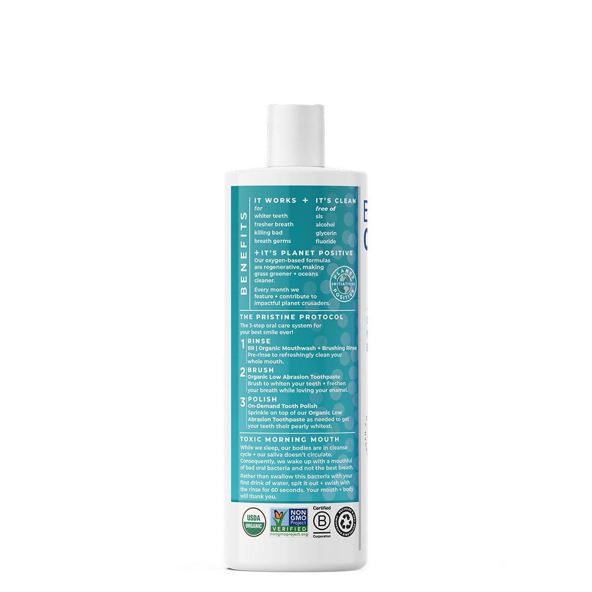 Essential Oxygen Cinnamint Mouthwash showing ingredients and directions.