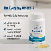 Nordic Naturals Omega-3 supplement bottle on a light surface with two soft gel capsules beside it and marketing text on the left.