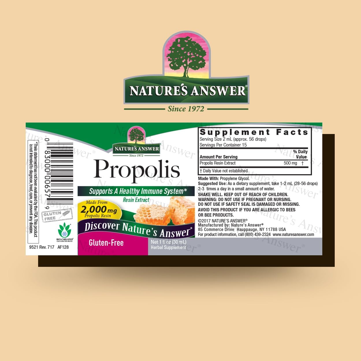 Nature’s Answer Propolis Resin Liquid Extract 30ml barcode image on a beige background