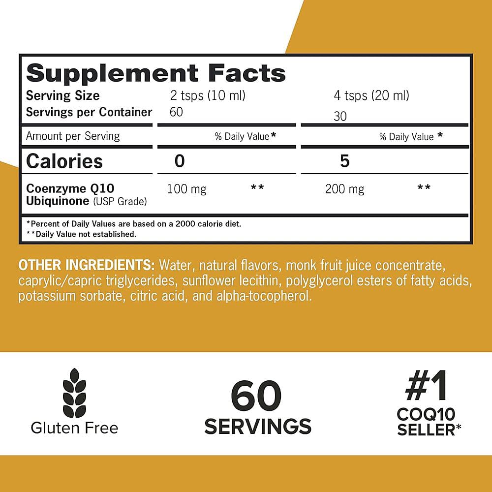 Supplement facts & ingredients image: Qunol Liquid CoQ10 supplement facts 100mg ingredients liquid bottle
