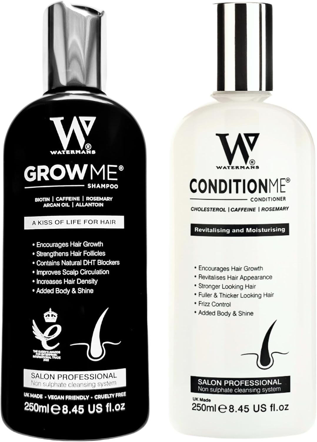Watermans Grow Me Shampoo and Condition Me Conditioner bottles, 250ml each, side by side.