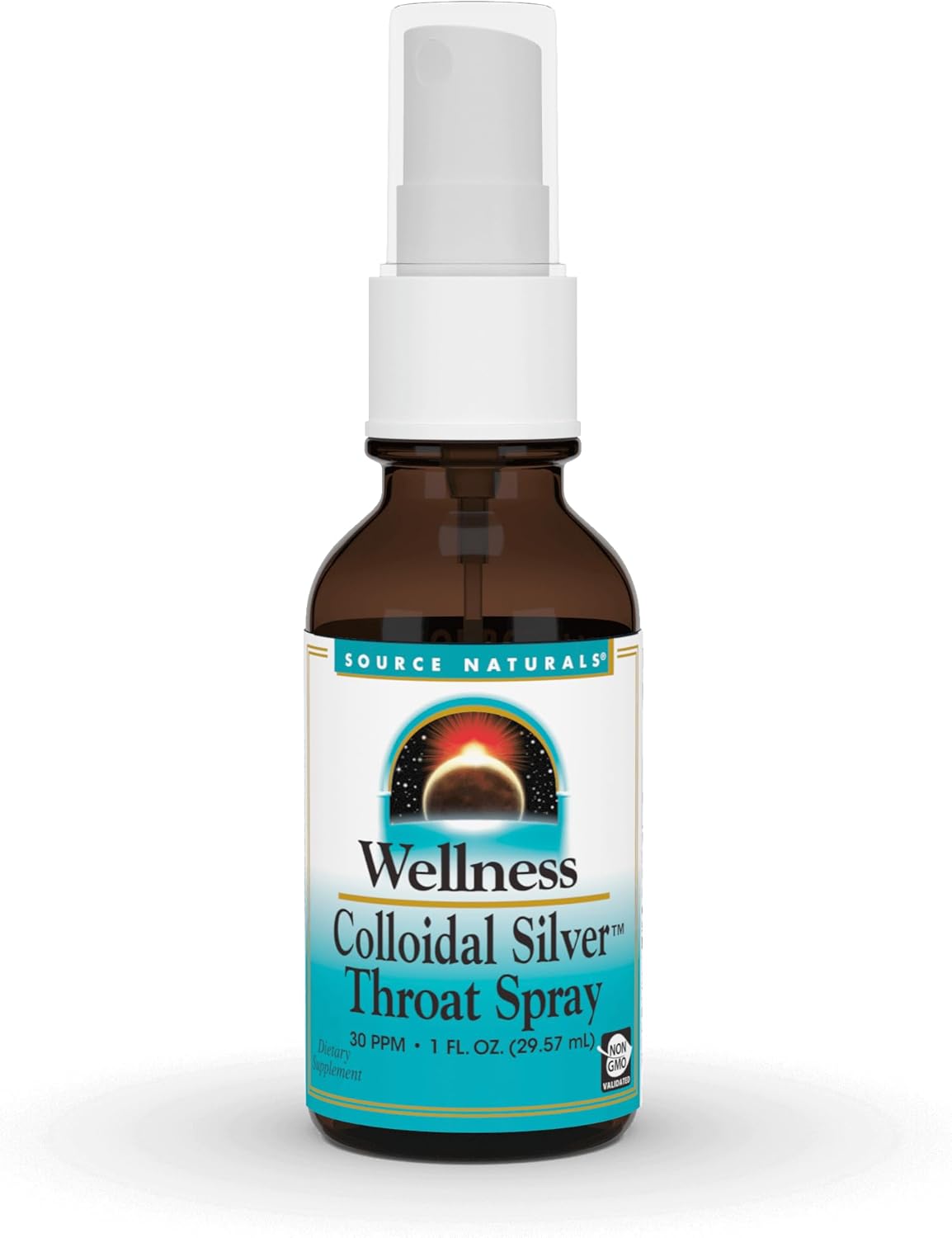Front image: Source Naturals colloidal silver throat spray liquid bottle 29.57ml