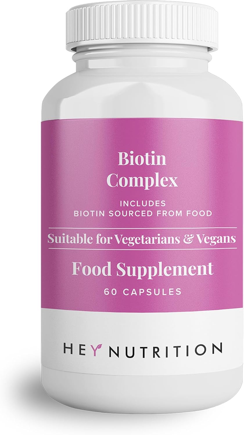 Hey Nutrition Biotin Complex bottle, 60 vegan capsules.