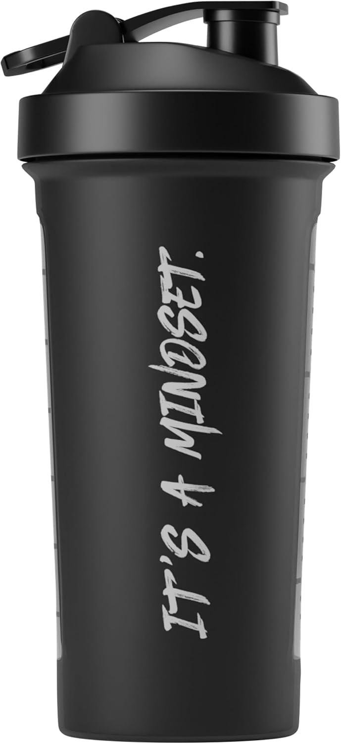 Back view of Applied Nutrition ABE Shaker Bottle showing measurement markings and disassembled parts including mixer grill.