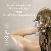 Urtekram Nordic Berry Rich Repair Shampoo, shampoo bottle packaging, fruity berry fragrance, 250ml, hair washing directions