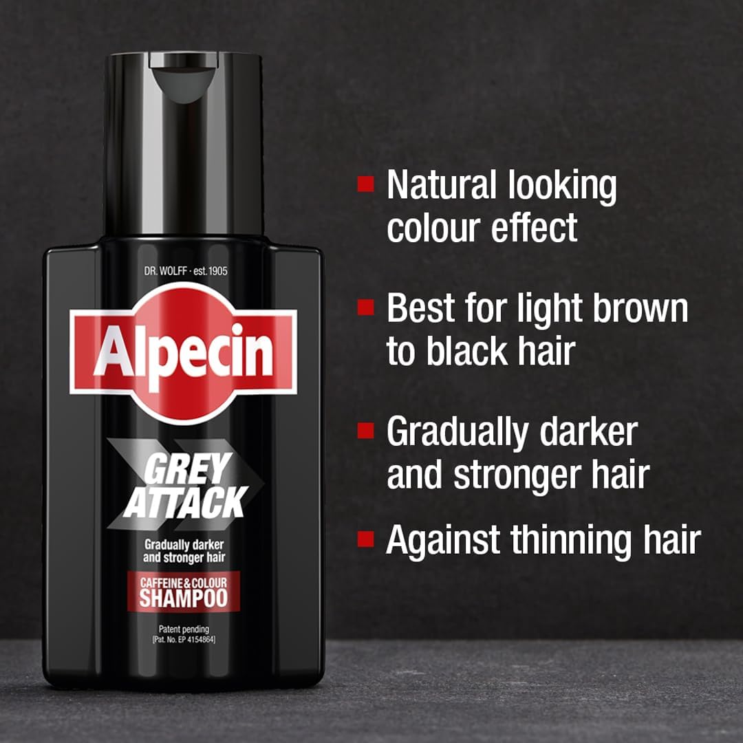 Alpecin Grey Attack Caffeine & Colour Shampoo, plastic bottle packaging, no flavour, 200ml