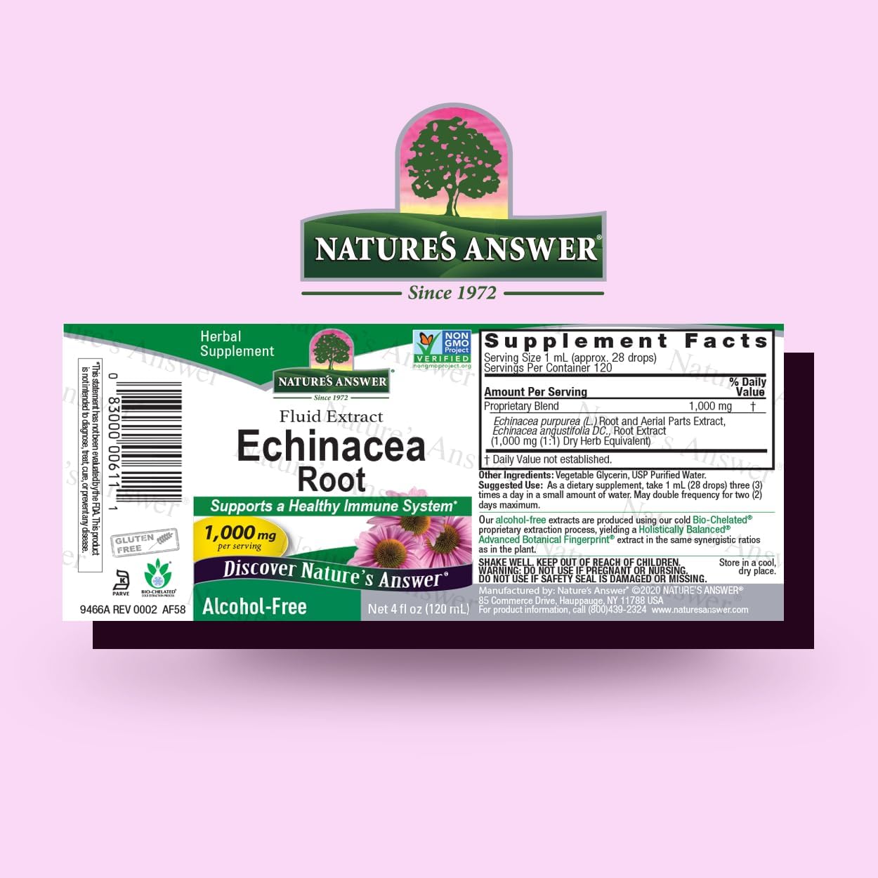 Nature’s Answer Echinacea Root alcohol free liquid extract 120ml barcode on a pink background