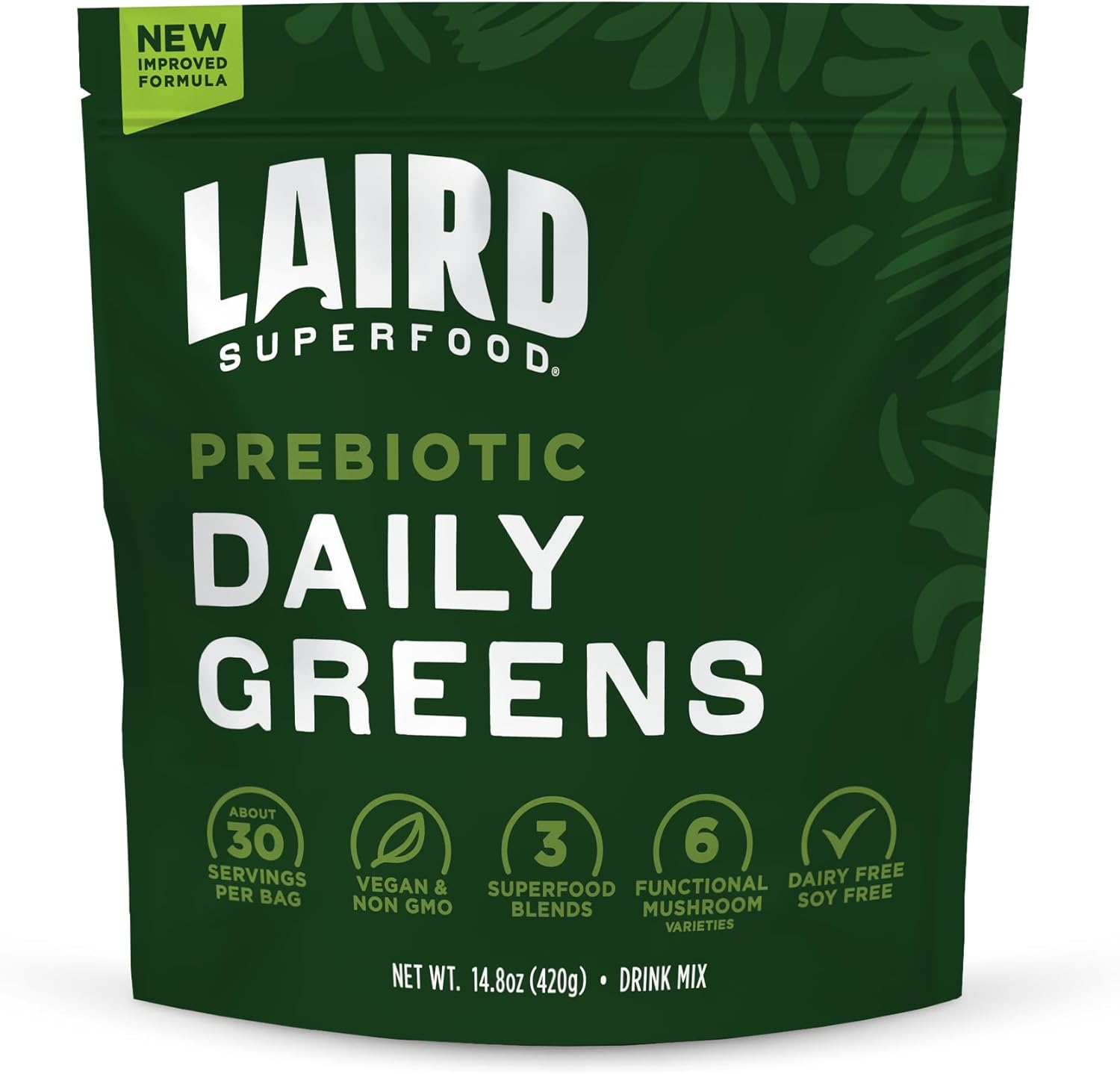Laird Superfood prebiotic daily greens powder front pack 420g on white background