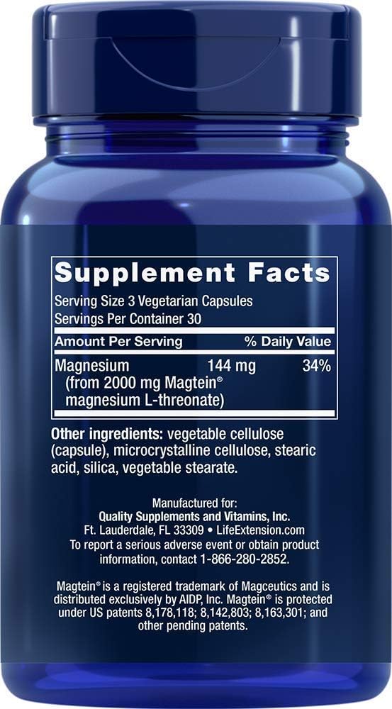 Supplement facts & ingredients image: Life Extension Neuro-Mag Magnesium L-Threonate supplement facts ingredients 90 count