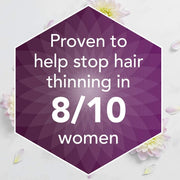 Hexagonal purple badge with text about hair thinning treatment efficacy on a light background with flowers.