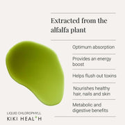 Supplement facts & ingredients image: KIKI Health liquid chlorophyll from alfalfa ingredient panel bottle 250ml