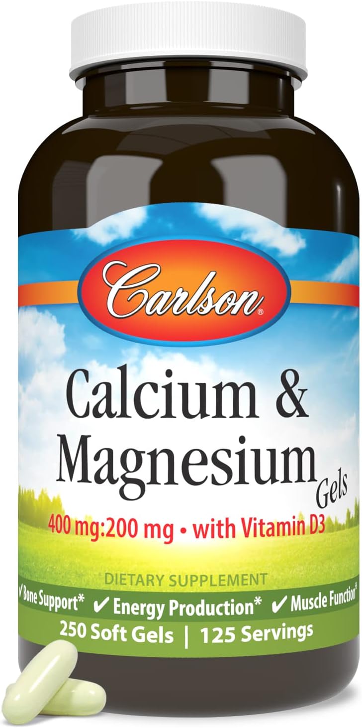 Front image: Carlson Calcium Magnesium softgels vitamin D3 2 to 1 ratio 250 bottle