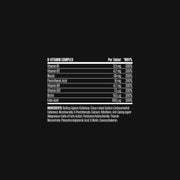 Nutritional information and ingredient list for a B-vitamin complex supplement on a black background.