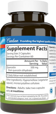Supplement facts & ingredients image: Carlson Quercetin 500 mg supplement facts vegetarian capsules 60 count