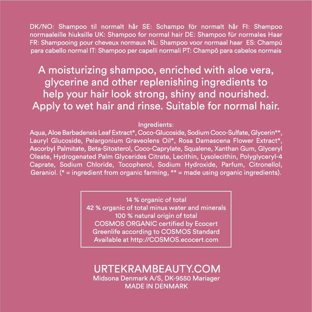 Urtekram Moisturising Rose Shampoo, shampoo bottle packaging, rose fragrance, 250ml, ingredients information