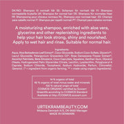 Urtekram Moisturising Rose Shampoo, shampoo bottle packaging, rose fragrance, 250ml, ingredients information
