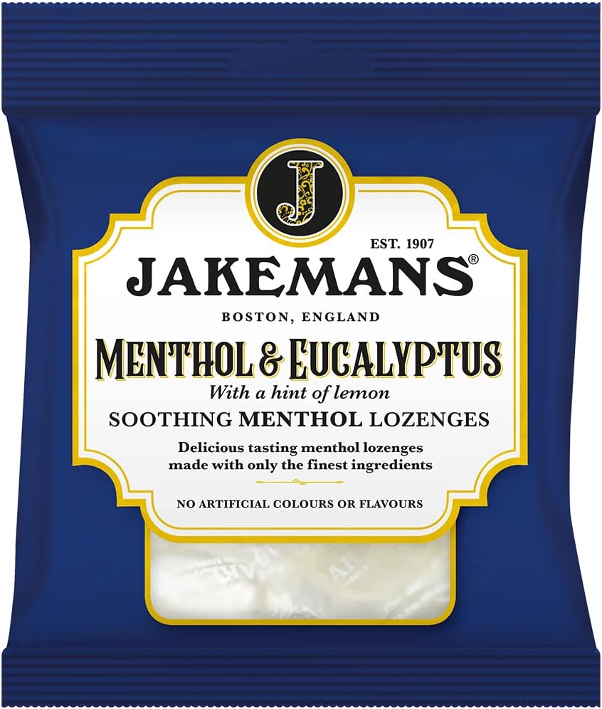 Enjoy Jakemans Menthol & Eucalyptus Lozenges with peppermint and lemon oils. Multipack of 12 x 73g bags, suitable for vegetarians.