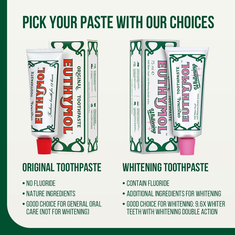 Euthymol Original Fluoride Free Toothpaste 75ml used during a daily oral care routine