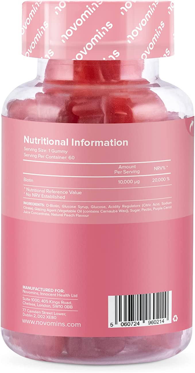 Novomins Biotin Gummies 10000mcg Peach 60 Count ingredients nutritional label with barcode