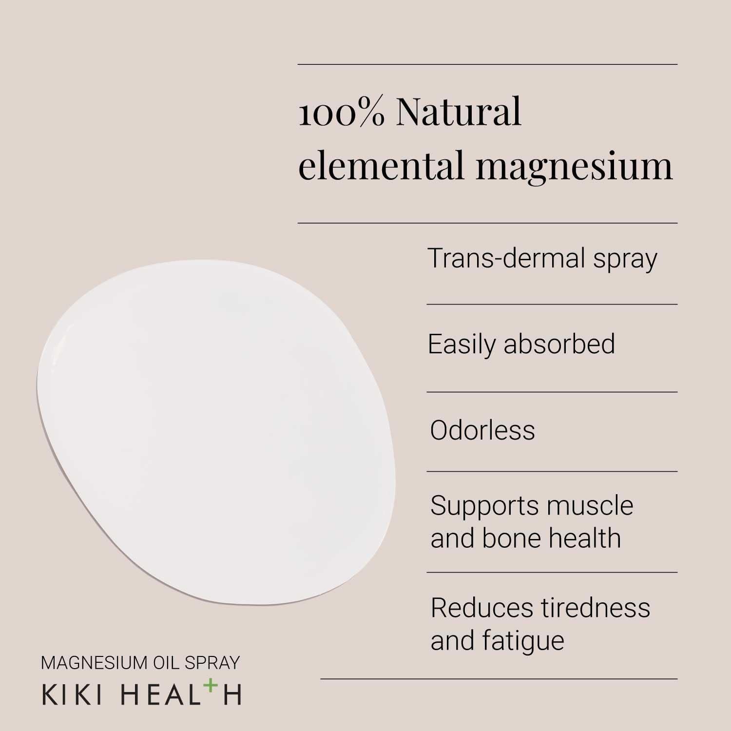 Supplement facts & ingredients image: KIKI Health magnesium oil spray Zechstein ingredient panel bottle 125ml