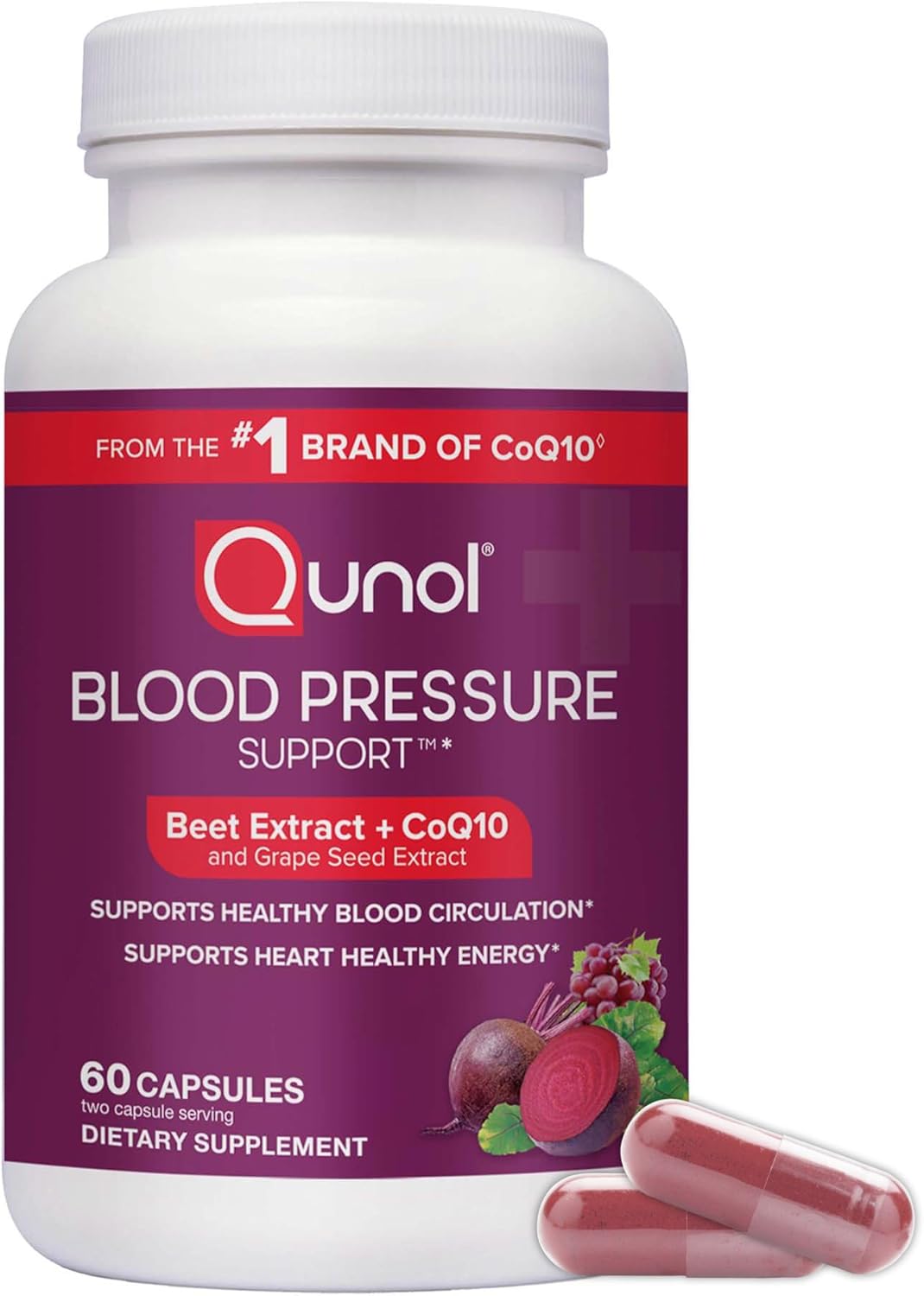 Front image: Qunol Beet Root CoQ10 capsules supplement bottle 60 count