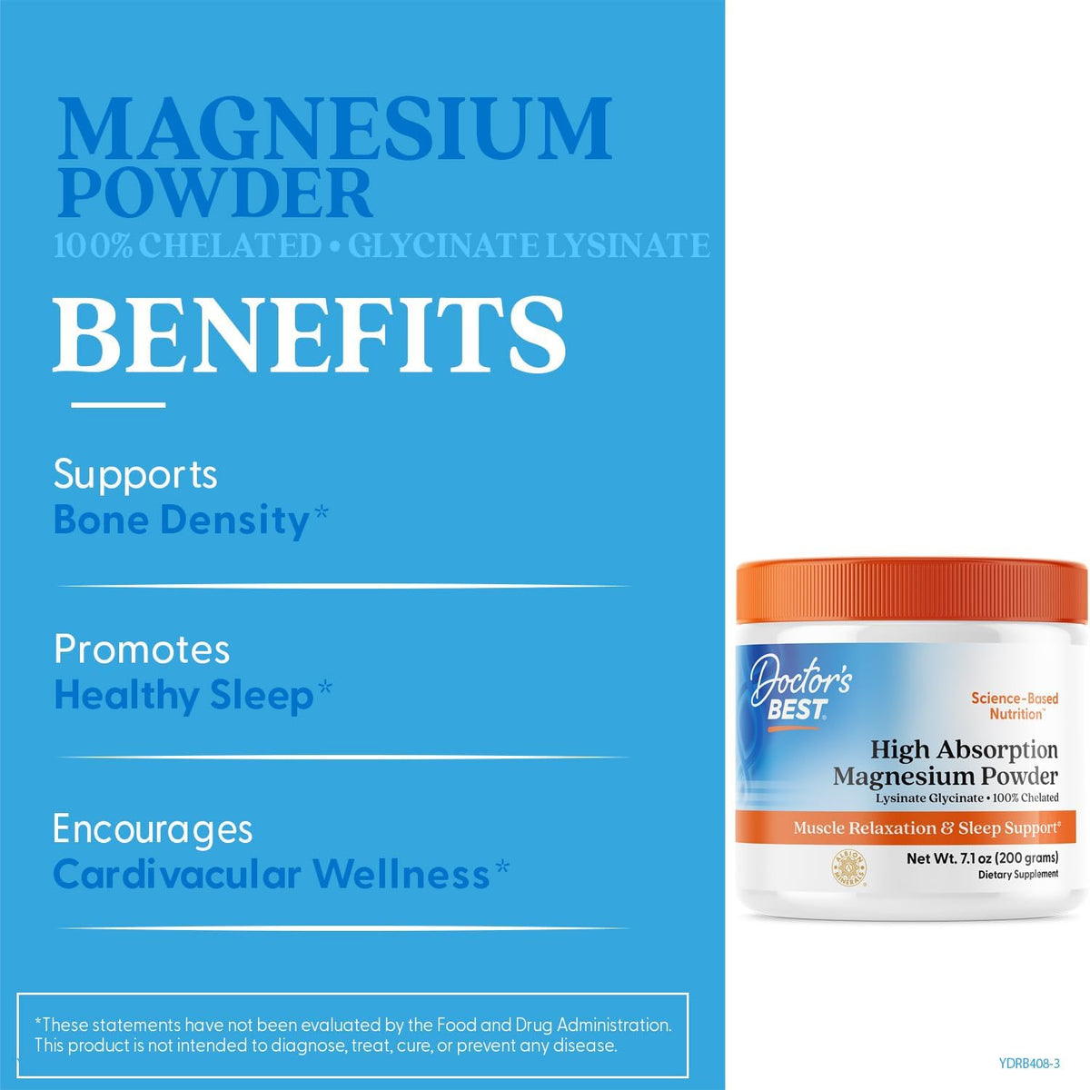 Doctor's Best High Absorption Magnesium Lysinate Glycinate Powder, tub packaging, unflavoured, 200mg, 200g, daily dietary supplement use
