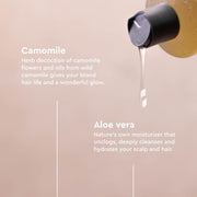 Urtekram Blond Hair Camomile Shampoo, shampoo bottle packaging, mild chamomile fragrance, 250ml, ingredients information