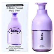 Fussy Refillable Natural Body Wash Lavender Fields lavender geranium vetiver fragrance 320ml bottle and refill front packaging