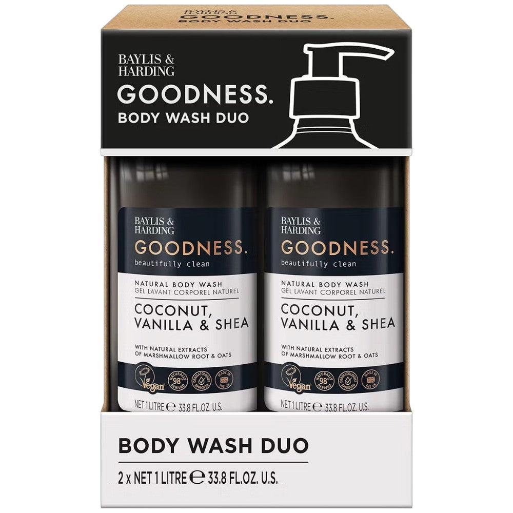 Baylis & Harding Goodness Coconut Vanilla Shea body wash 1L bottles 2 pack front packaging