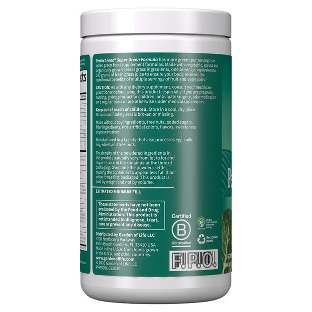 Product label showing ingredients and nutritional information for Perfect Food.