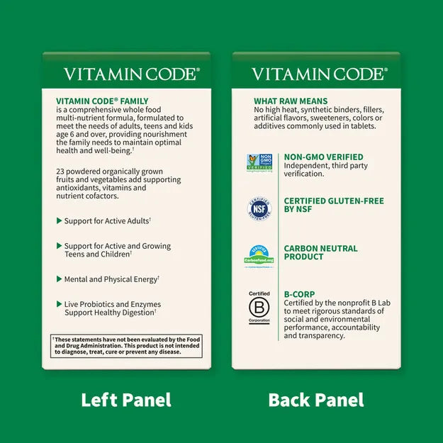 Supplement facts panel showing ingredients for ages 6 and up.