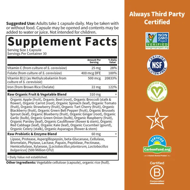 Garden Of Life Vitamin Code Raw Iron 22mg GENTLE 30 Vegan Capsules supplement facts.