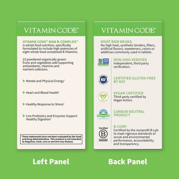 Supplement facts panel for Raw B Complex showing B vitamins, whole food & probiotic blends.