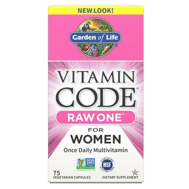 Garden of Life Vitamin Code RAW ONE for Women box, once daily multivitamin, 75 count.