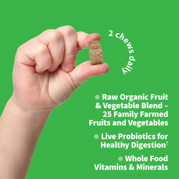 Supplement facts for kids chewable multivitamin, showing ingredients and dosage.