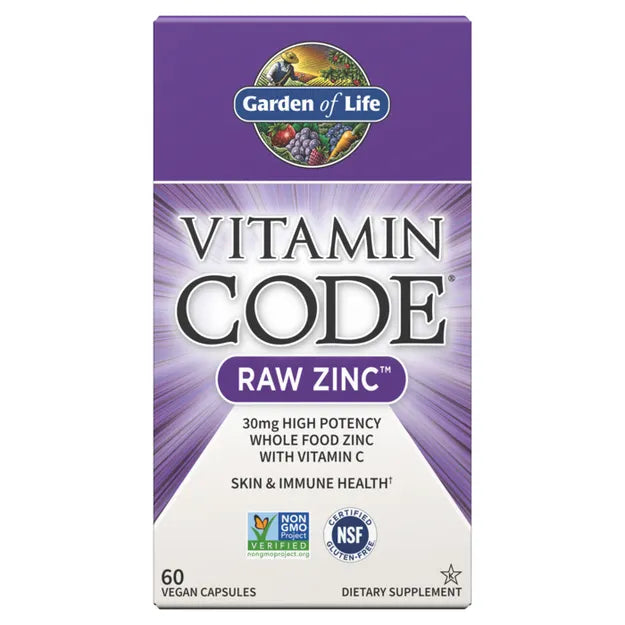 Garden of Life Vitamin Code Raw Zinc box, 30mg with Vitamin C, 60 vegan capsules.