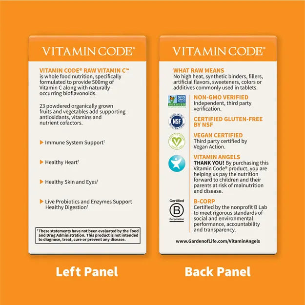 Back label of RAW Vitamin C showing ingredients, benefits, and certifications like Non-GMO, Vegan.
