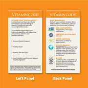 Back label of RAW Vitamin C showing ingredients, benefits, and certifications like Non-GMO, Vegan.