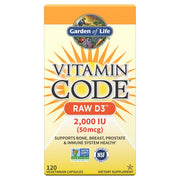 Garden of Life Vitamin Code Raw D3  box, 2000 IU, 120 vegetarian capsules on white background.