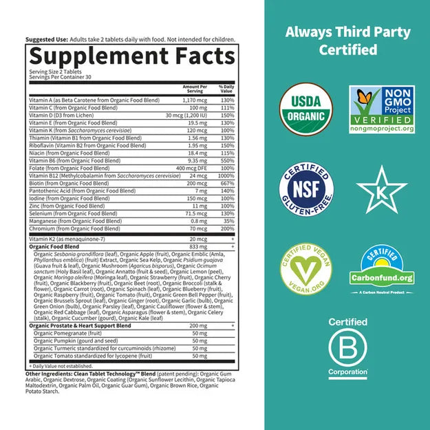 Certifications, supplement and ingredient list for Men's 40+ multivitamin.