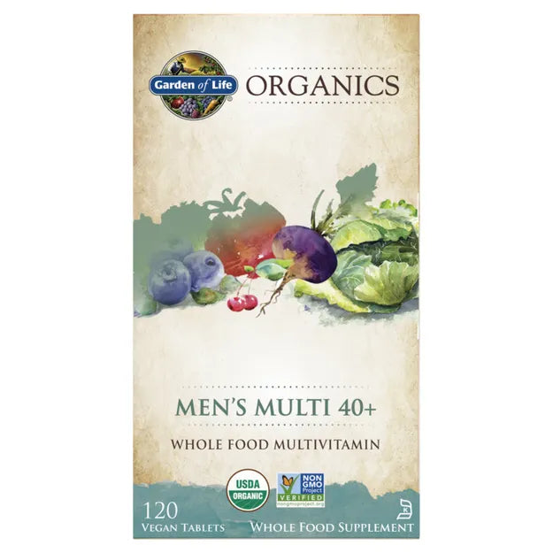 Garden of Life Organics Men's Multi 40+ box, whole food vegan tablets, 120 count.