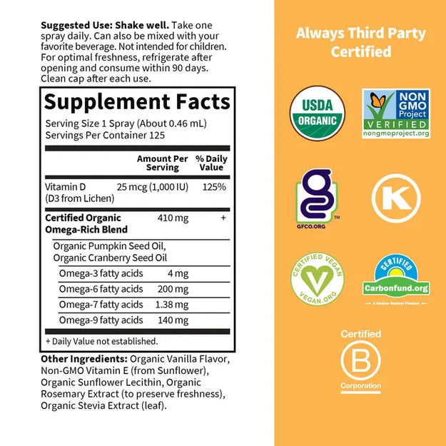 Garden of Life Organics Vegan D3 Organic Spray Ingredient, supplement  list for vegan D3 spray with omegas.