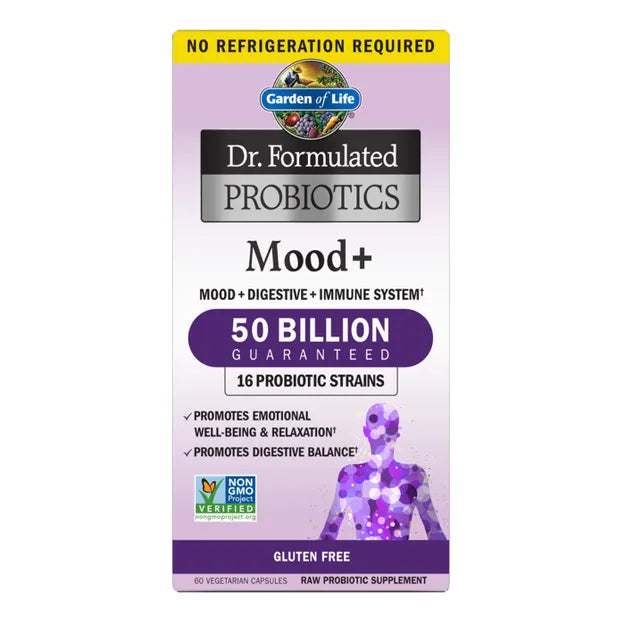 Garden of Life Probiotics Mood+ box with 60 vegetarian capsules.