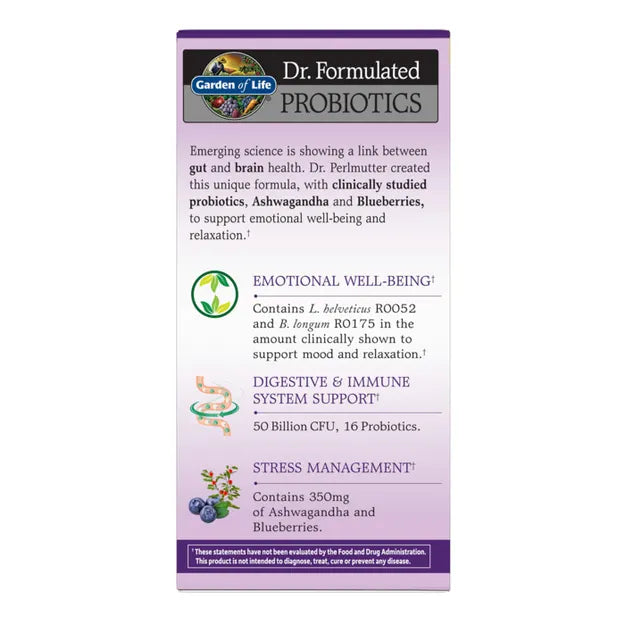 Garden of Life Probiotics Mood+ bottle with vegetarian capsules supplement fact