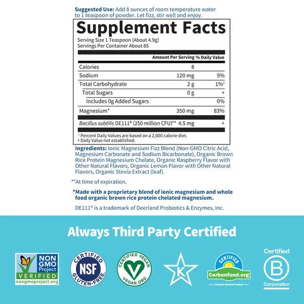Supplement facts for Magnesium Fizz Drink with probiotics.
