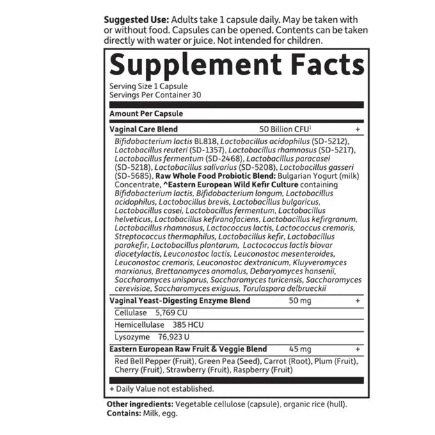Supplement facts label for Garden of Life Raw Women's Probiotic showing ingredients and directions.